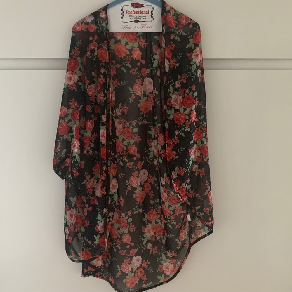 Floral Sheer Kimono - Black with Red Floral